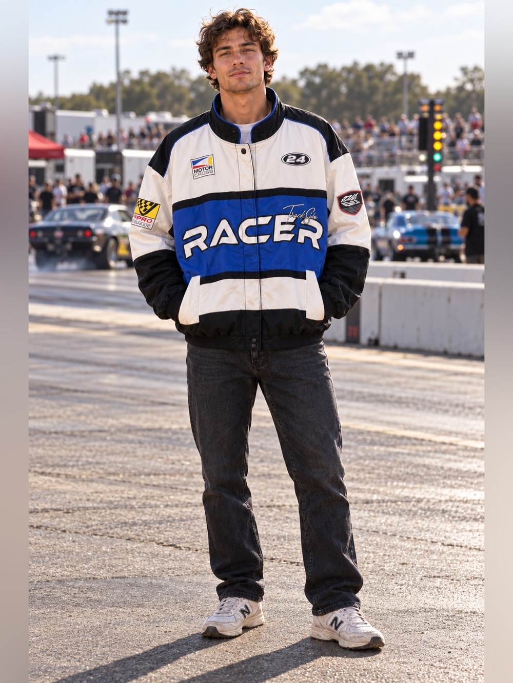 NWT Men’s Divided H&M Racer Track Side Moto Jacket, Blue White Black, XL